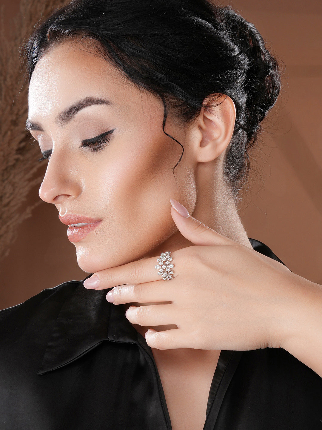 White Rhodium Plated Marquise Shaped  Zircon Studded Floral Designer Cocktail Anniversary  Finger Ring